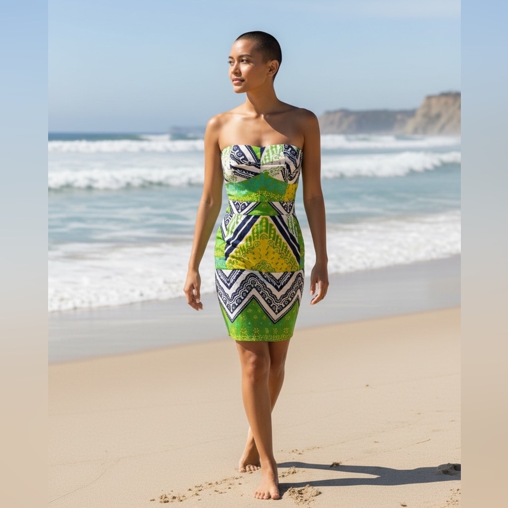 Trina Turk Green and Yellow Strapless Sheath Dress